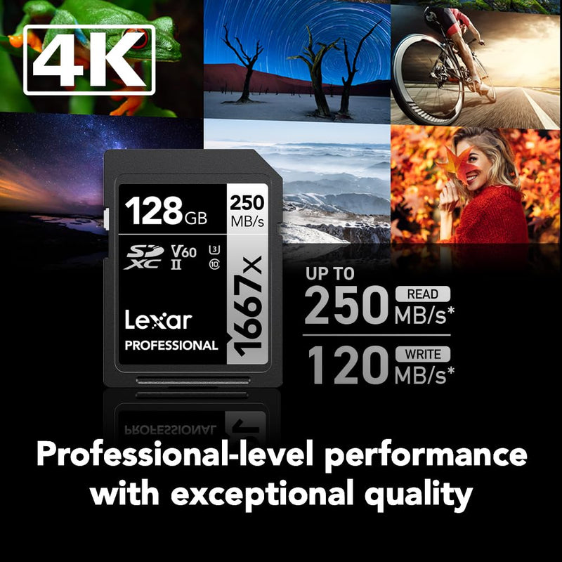 Lexar 128GB (2-Pack) Professional 1667x SDXC Memory Cards, UHS-II, C10, U3, V60, Full-HD & 4K Video, Up To 250MB/s Read, for Professional Photographer, Videographer, Enthusiast (LSD128CBNA16672) 2-Pack