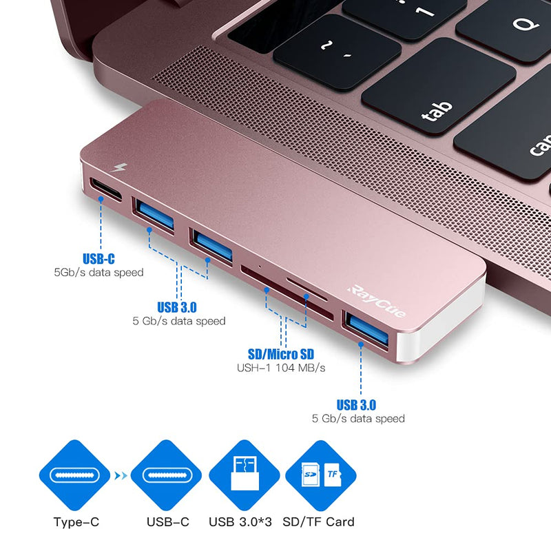 USB C Hub Adapter for MacBook Pro/Air 2020 2019 2018, 6 in 1 USB-C Accessories Compatible with MacBook Pro 13″ and 15″ with 3 USB 3.0 Ports, TF/SD Card Reader, USB-C Power Delivery (Pink) Pink