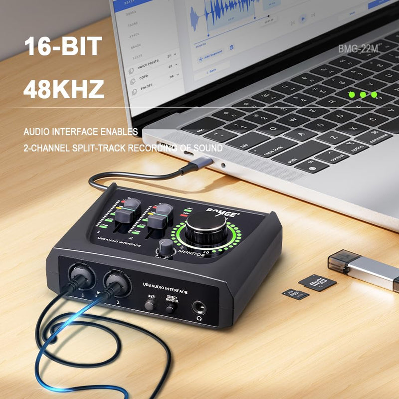 BOMGE mini 2 Channel USB Audio Interface for Recording, Streaming and Podcasting, with XLR/48V Phantom Power,Studio Quality Audio Interface for Guitarist, Vocalist, Podcaster or Producer