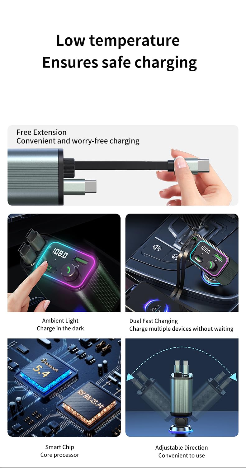 3 in 1 Retractable Car Charger Adapter & FM Transmitter Bluetooth Mp3 Player- Max 65W + 18W with 2 PD Fast Charging,2 Retractable Cables & USB-A Music Playback for iPhone,iPad,Samsung,Pixel