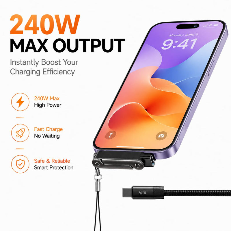 240W USB C to USB C Invisible Charging Cable with Foldable Stand | Detachable 2-in-1 Sideways Fast Type-C Charging and Data Cable with 360° Holder for Desk Gaming Office Car Travel Right Angle Orange&Blcak,2Pcs