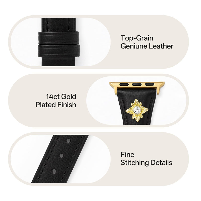 Flower Genuine Leather Watch Band for Women Compatible with Apple Watch 38/40/41/42/44/45/46/49mm, for iWatch 11/10/9/8/7/6/5/4/3/2/1 Ultra SE, Platinum/14ct Gold Plated Black & Gold 42(Series 3 2 1)/44/45/46/49mm