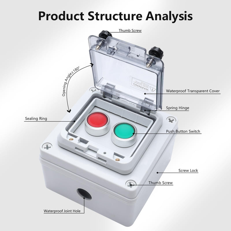 APIELE IP67 Outdoor Waterproof Box Emergency Stop Switch, Red/Green Instantaneous Switch with Protective Cover Anti-Misoperation G/R Instantaneous Switch/EMG Stop Switch/Selector Switch+Box