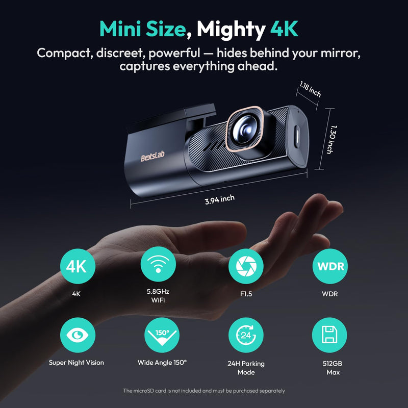 Botslab 4K Dash Cam Front with Night Vision[2026 Upgraded], 360°Rotatable Mini Car Camera with Super Capacitor, 5.8G WiFi & Bluetooth Dual-Band Connection, 24/7H Parking Mode, G-Sensor (HK40 Plus)