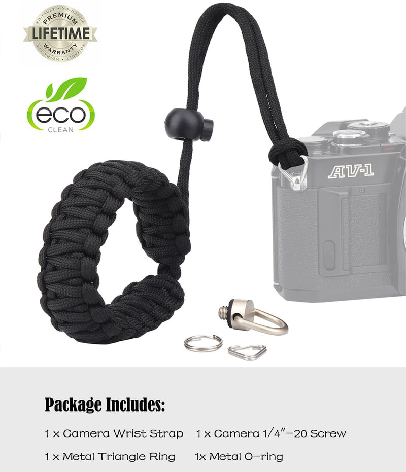 Paracord Camera Wrist Strap Lanyard with Screw for Insta 360 X3, Ace Pro, DSLR Cameras, Selfie Sticks Black