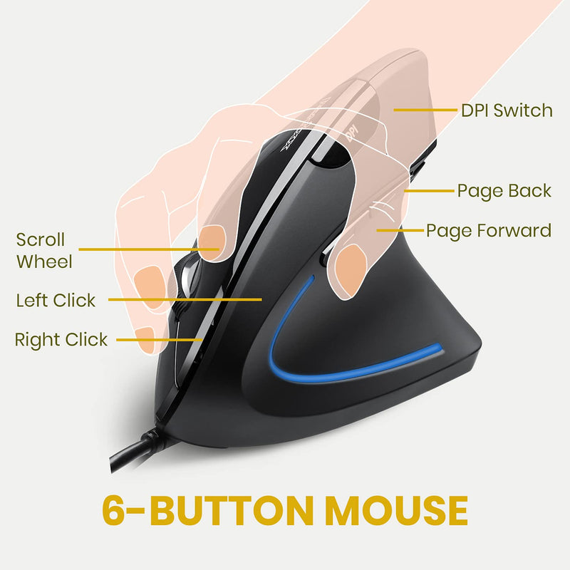 Perixx Perimice-513 Wired Vertical USB Mouse, 6 Buttons with 1000/1600 DPI, Right Handed Design, black (11168)