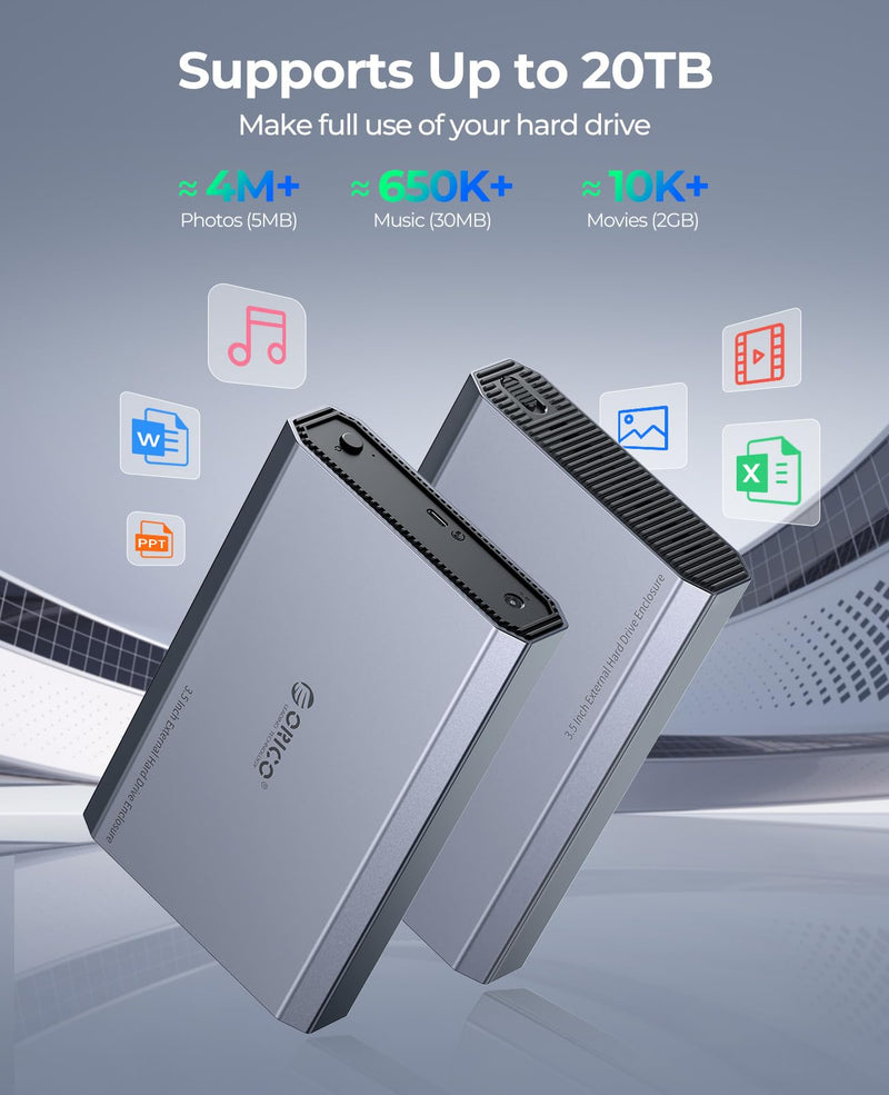 ORICO Aluminum 3.5 Hard Drive Enclosure with USB 3.2 Gen 2 6Gbps Transfer Speed, Fit for 3.5/2.5 Inch SATA HDD SSD Up to 20TB, USB C to USB C/A 2 in 1 Cable Compatible with MacBook Windows(DD35-C3)