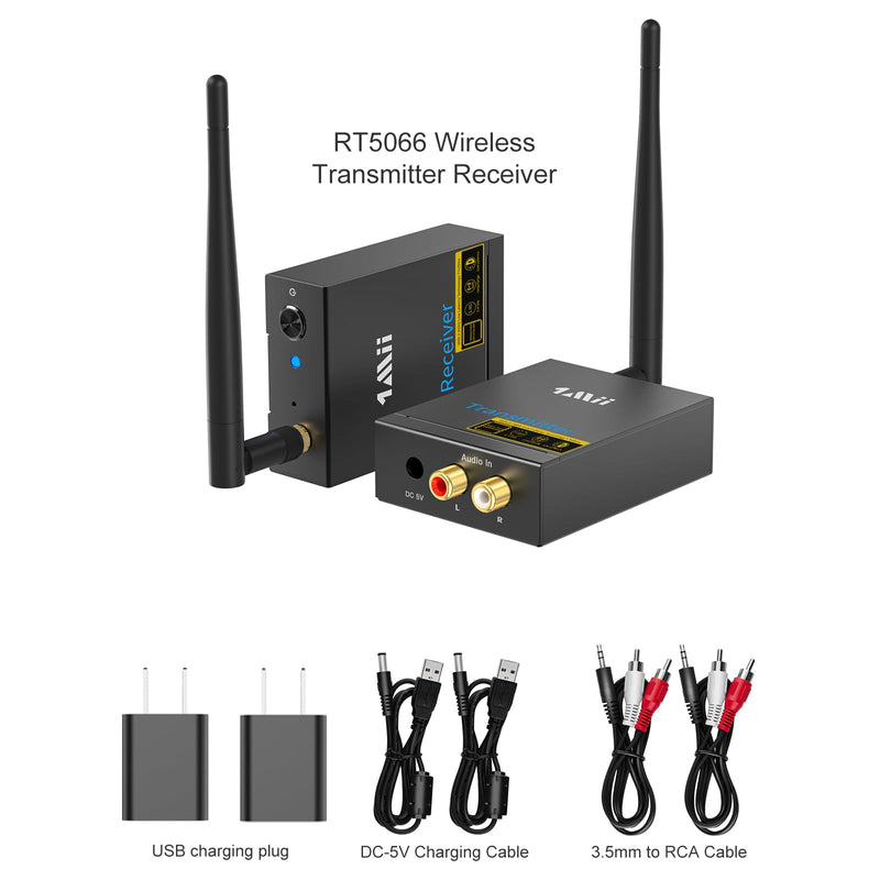 1Mii 2.4Ghz Wireless Audio Transmitter Receiver for TV, 320ft Long Range 20ms Low Delay 192kHz/24bit HiFi Audio, Wireless Adapter Kit for Subwoofer/Powered Speaker/Stereo/Soundbar, RCA(3.5mm)Out/input 2 in 1