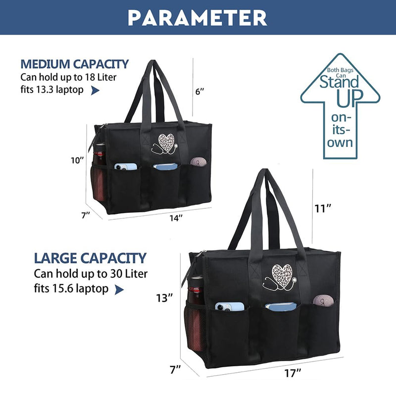 [AUSTRALIA] - ABAMERICA Nurse Bags for Work Nursing Bag Multiple Pockets Waterproof Organizing Zip Top Clinical Bag for Nursing Students B23- Nurse Black With Leopard Embroidery Medium 