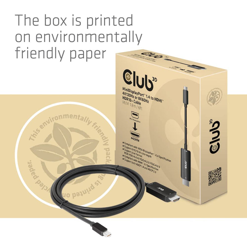 Club 3D CAC-1187 MiniDisplayPort™ 1.4 to HDMI™ 4K120Hz or 8K60Hz HDR10+ Cable 1.8 m M/M
