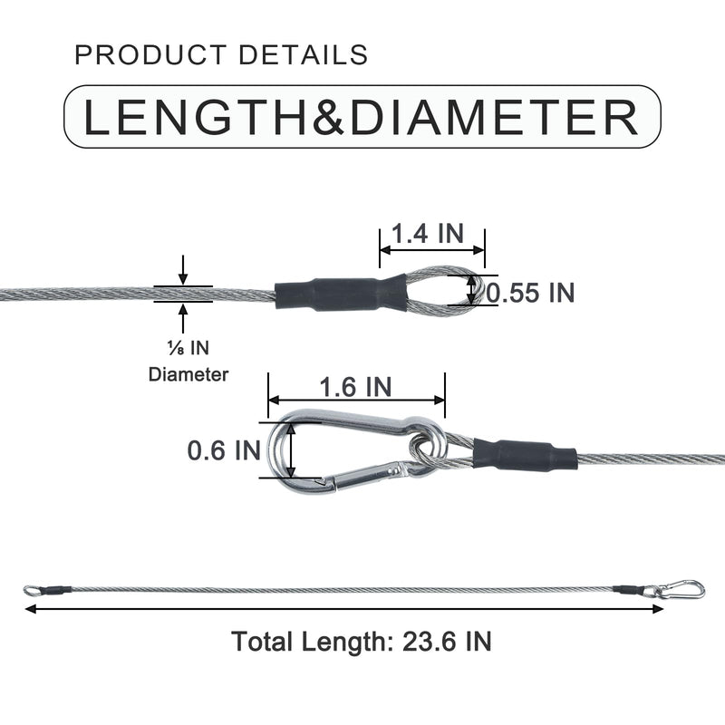 1/8" Stage Light Cables 20 Pack, 2ft Safety Cables with Carabiner Lock for DJ Light Equipments, Stainless Steel Wire Ropes, 120lb Load Capacity 1/8" dia 20pcs