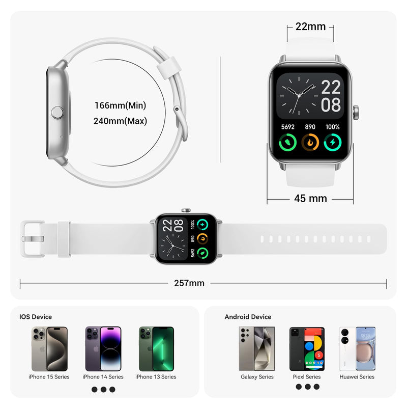 Smart Watches for Men,1.85" HD Display Compatible iPhone/Android (Answer/Make Calls),110+ Sport Modes Fitness Tracker with Heart Rate/Sleep/Sp02 Monitor,IP68 Waterproof (White, 1.85)