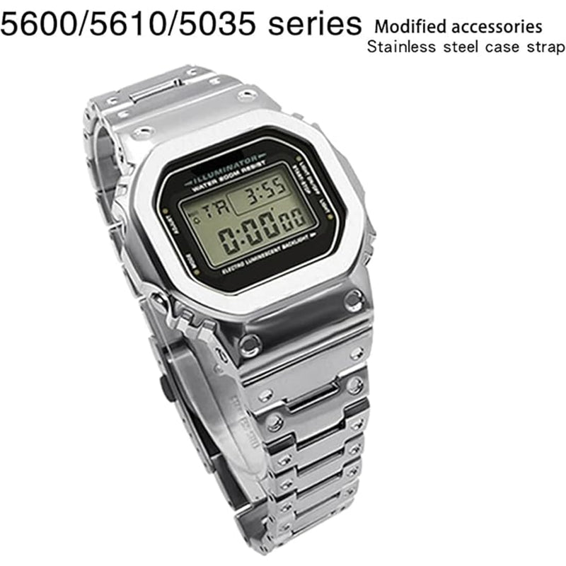 DW-5600 Mod Kit Stainless Steel Case Solid Metal Strap Bracelet for 5600 Series, 5610 Series, Watch Part Replacement Silver metal set