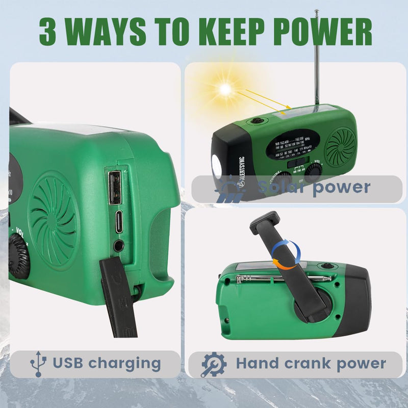 [AUSTRALIA] - 5000mah Alertsync NOAA Weather Emergency Radio with Solar Charging, AM FM Hand Crank Windup Radio SOS Alarm LED Flashlight with Earphone Jack for Home, Camping, Survival Hurricane (Green) 5000mah green 