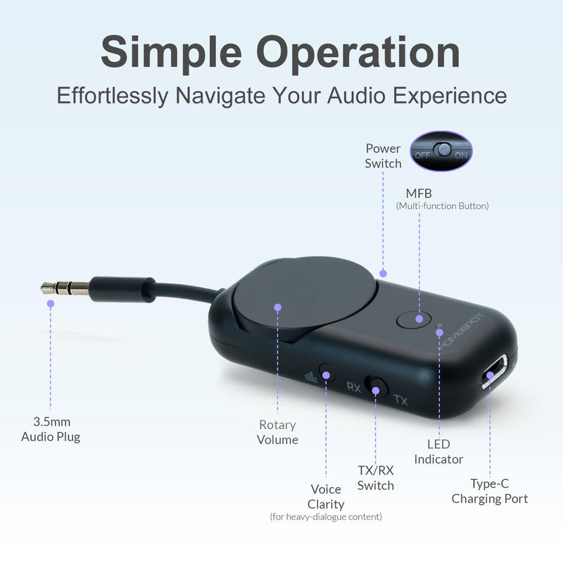 HomeSpot Bluetooth 5.3 Airplane Adapter, Rotary Volume, aptX Low Latency & Adaptive, 25 Hrs, Use with Any 3.5mm Jack on Airplanes, TVs, Car, Gym, Ideal for AirPods, Headphones and More, Black