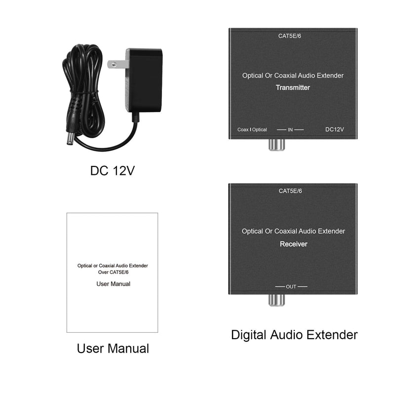 [AUSTRALIA] - Digital Audio Extender Digital Optical/Coaxial Digital Audio Extender/Converter Over Single Cat5e/6 Cable (PoC) up to 500’ Standard Supported LPCM, DB Digital 5.1, DTS, and Doby True HD 