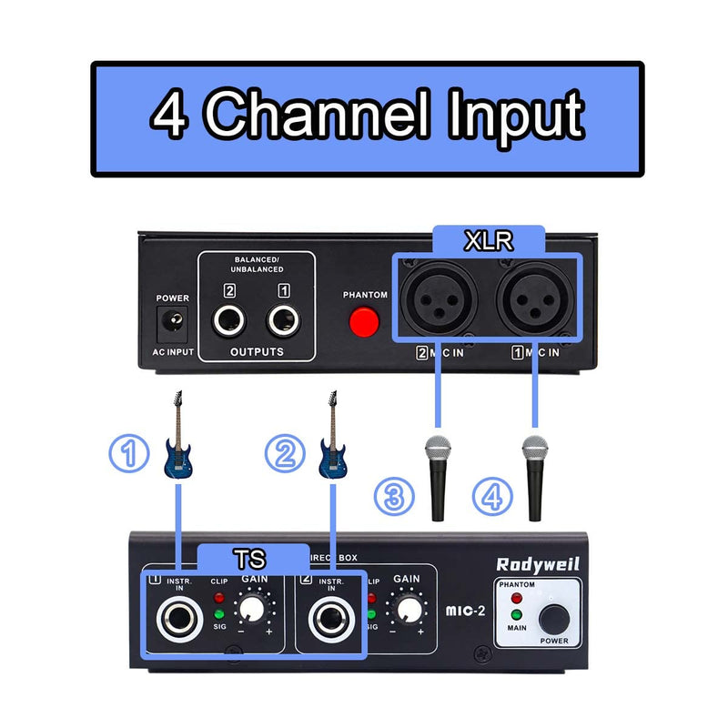 Microphone Preamp Mic Booster 4 Input Max 65db DI Box with 48V Phantom Power for Dynamic and Condenser Mic