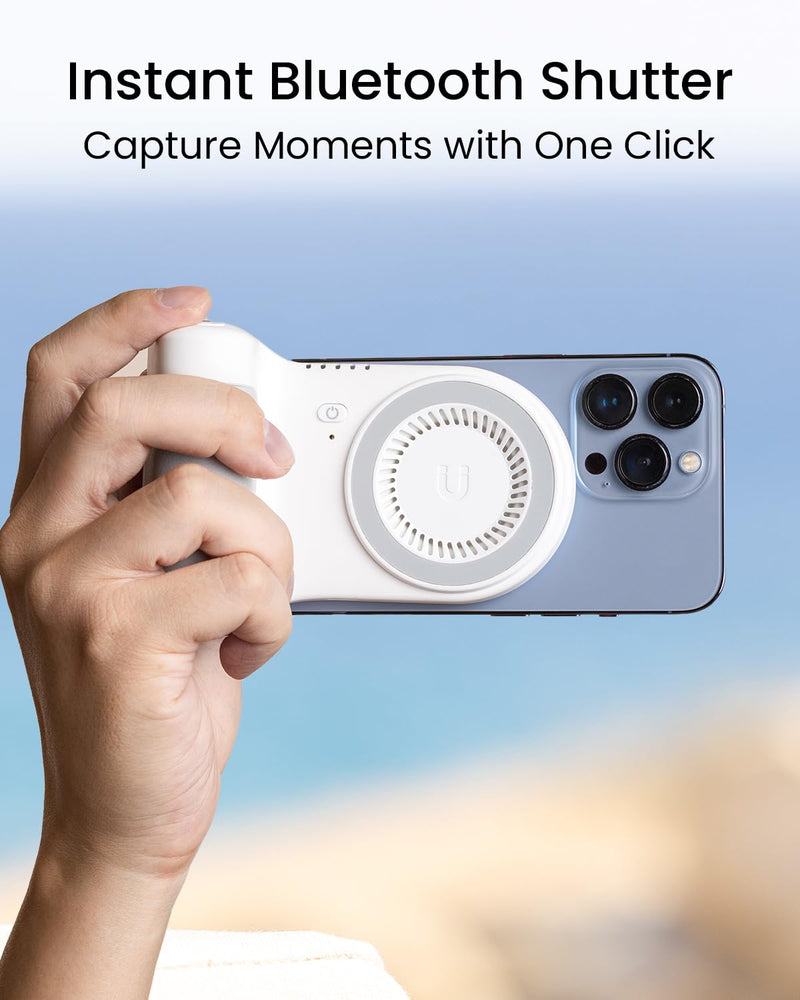 [AUSTRALIA] - KraftGeek Magnetic Phone Stand Camera Grip with Wireless Charging & Bluetooth Shutter, Stand for iPhone, Ergonomic Handle for Vlogging, Selfies & Video Calls White 