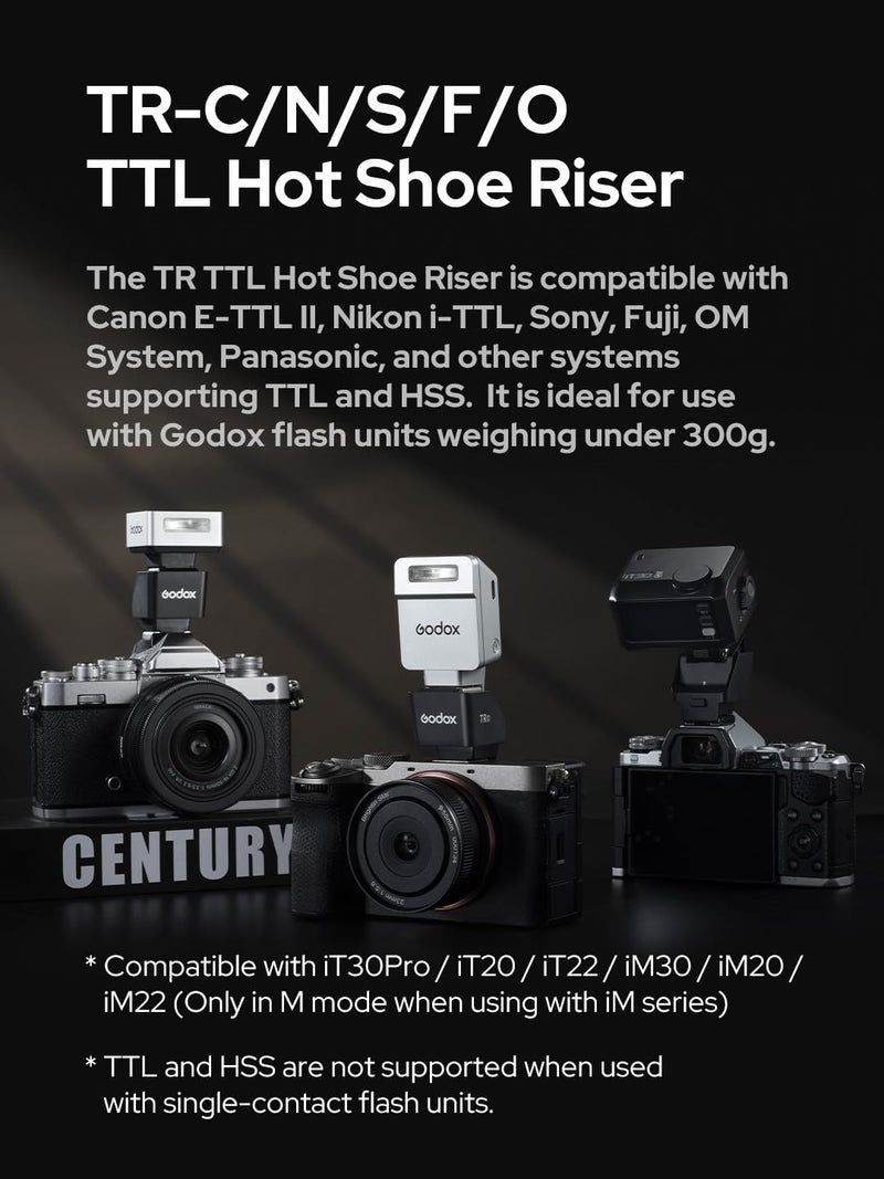 Godox TR-C TTL Hot Shoe Riser for Canon Cameras,0-90° Angle Adjustment,30mm Height Increase, Reduce Lens Shadow Compatible with Godox iT30 Pro C,iT20 C,iT22C,iM30,iM20,iM22 Mini Flash