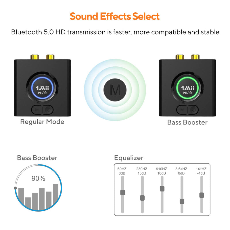 [AUSTRALIA] - 1Mii Bluetooth 5.0 Audio Receiver, Wireless Audio Adapter for Home Stereo Music Streaming System with 3.5 mm RCA, Bass Mode, 12hrs Playtime(Upgraded) 
