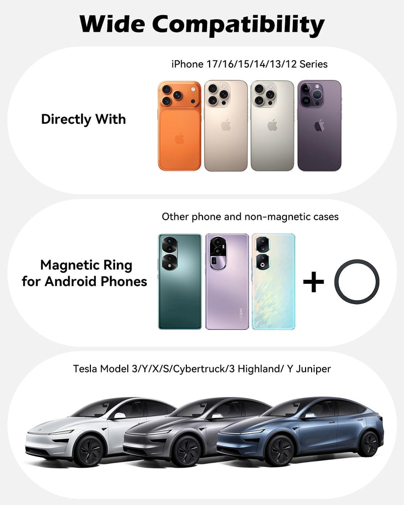 15W Charging Phone Mount for Tesla Model 3/Y, Magnetic Car Metal Holder | 360° Rotatable【Foldable & Extendable Hidden Design】 Tesla Screen Stand for 3/Y/Juniper/Cybertruck Accessories Wireless Charging