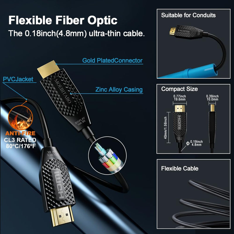 8K Long Fiber Optic Hdmi cable in-Wall CL3 Rated 48Gbps 40ft Ultra High speed HDMI 2.1 Cord 8K@60Hz 4K@120Hz 10K@30Hz HDCP 2.2&2.3, eARC HDR10 Dolby Compatible with Laptop/PS5/TV/PC/Switch/Mac/Xbox