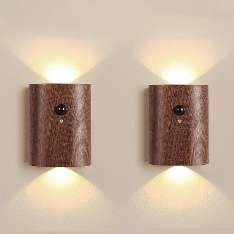 [AUSTRALIA] - LANDGOO 2-Pack Wood Step Light with Motion Sensor, Rechargeable Stair Night Light Set, Sapele Wood 2700K Warm White LED Wall Lamps, Easy No-Wire Installation for Hallway Bedroom Staircase Walnut Wood 2ps 