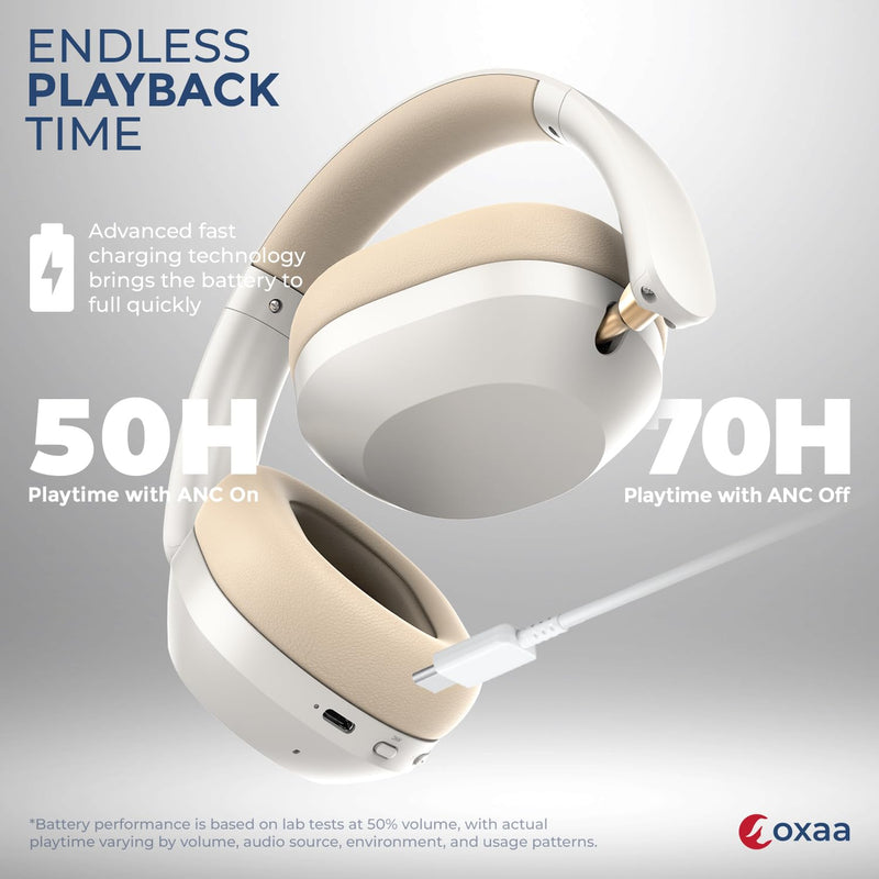 Headphones Wireless Headset with Deep Bass, 43dB Active Noise Cancelling Headphones for Adults, Wireless Headphones with 70H Battery, Fast Charging, Low-Latency Audio, Over-Ear Design (Beige)
