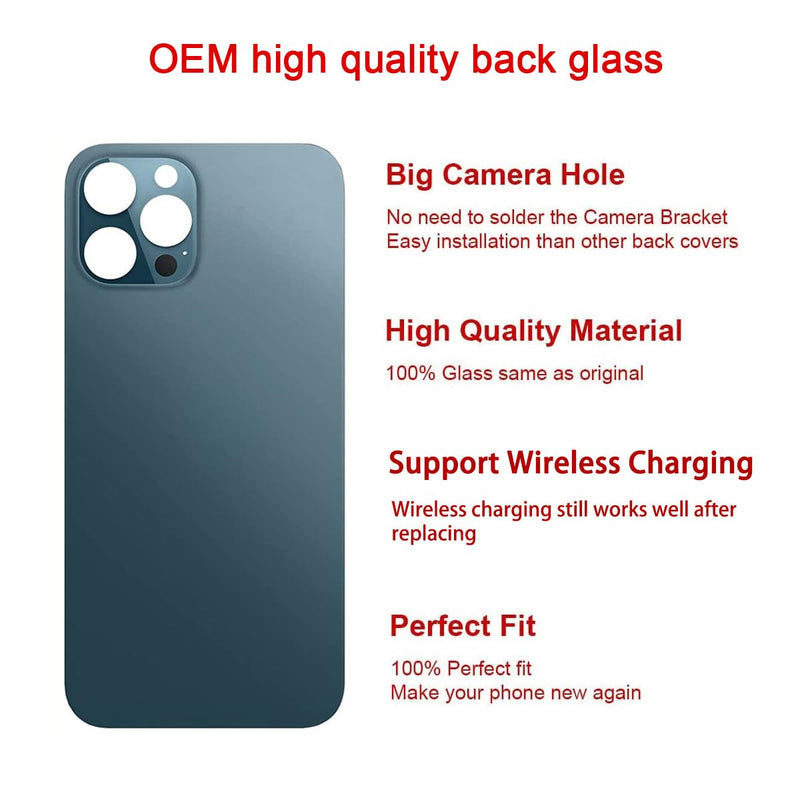 OEM Rear Back Glass Replacement (Pacific Blue) Compatible with iPhone 12 pro max 6.7 inches All Carriers with Pre-Installed Adhesive and Repairing Tool Kits Pacific Blue