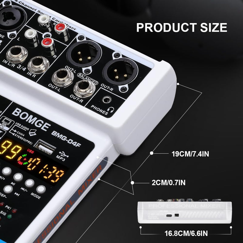 BOMGE 4 Channel mini DJ Audio Sound Mixer Interface with MP3、 USB, Bluetooth, Stereo Recording, 48V Phantom Power, 99 DSP for karaoke, performance, church singing 、 podcas streaming- white WHITE-04F