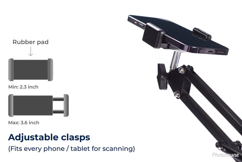 [AUSTRALIA] - PHOTOMYNE Sturdy Flexible Phone Holder for Desk, Table, Office, Kitchen with Clamp for Photo Album Scanning, iPhone Holder for Desk- Black 