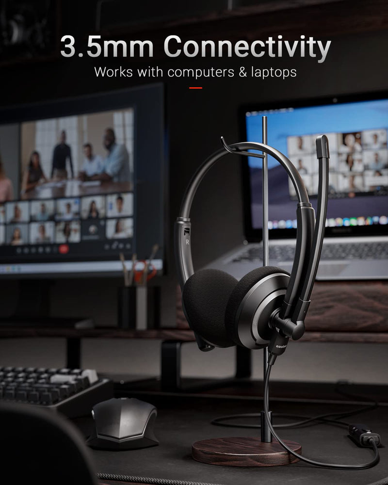 Wired Headset with Microphone for PC Laptop - 3.5mm Jack On Ear Headphones with Noise Cancelling Microphone for Boom Skype Webinars, in-line Control,Comfortable 3.5mm computer headset Black