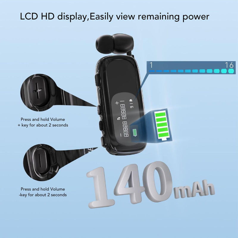 LICAEVEY Retractable Bluetooth Headphones with Clip, Bluetooth Earbuds with LCD Digital Display, Comfortable Headset 20h Talking Time Sports Business Trucker Driver Earbud (Electroplated Electroplated Bright Black