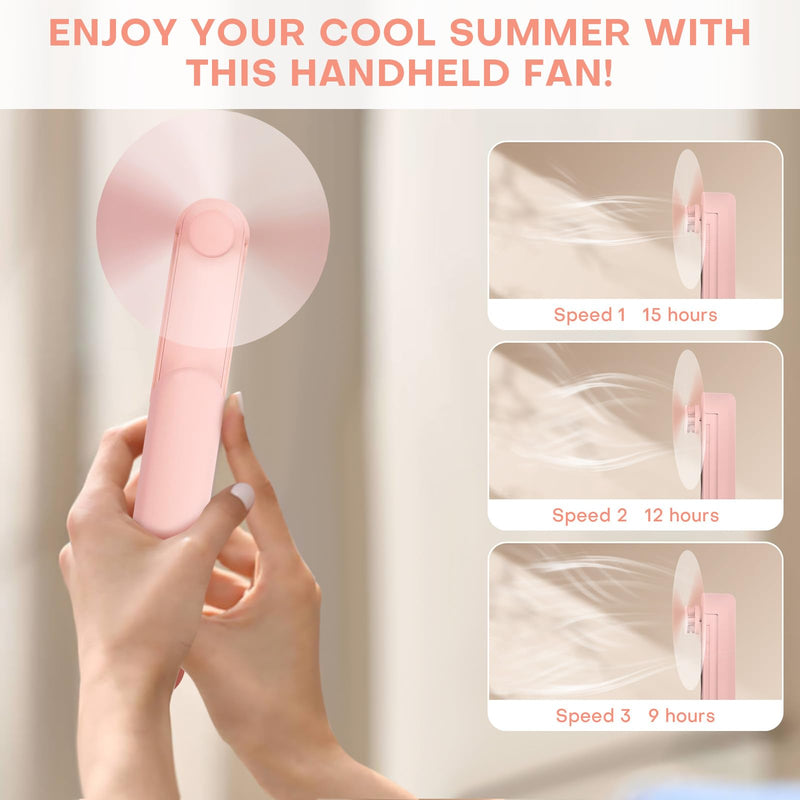 Nezylaf Handheld Mini Fan，Portable Small Pocket Fan，Rechargeable Personal Fan with Power Bank 2000mAh, Travel Essentials for Women Pink