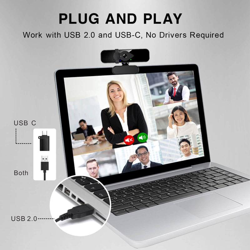 2K Ultra HD Webcam, Computer Camera, USB Webcam for PC Monitor Laptop Desktop - External Web Camera with Microphone, USB C adapter, Privacy Cover for Video Conferencing, Streaming & Online Learning 2K Webcam + USB C Adapter