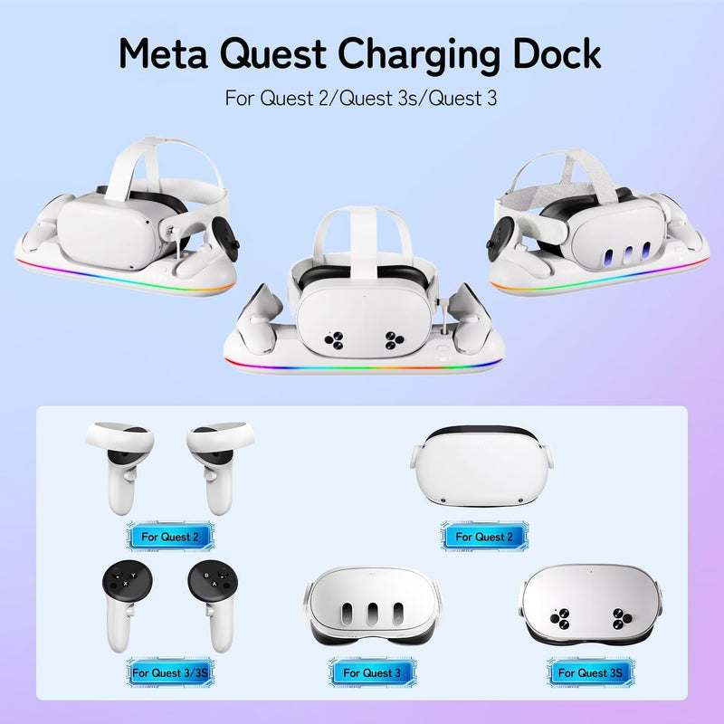 GearSpire 30W Fast Charging Dock Station for Quest 2/3/3S, White RGB LED Stand with USB-C Fast Charging, Controller Charger, VR Headset Accessories30