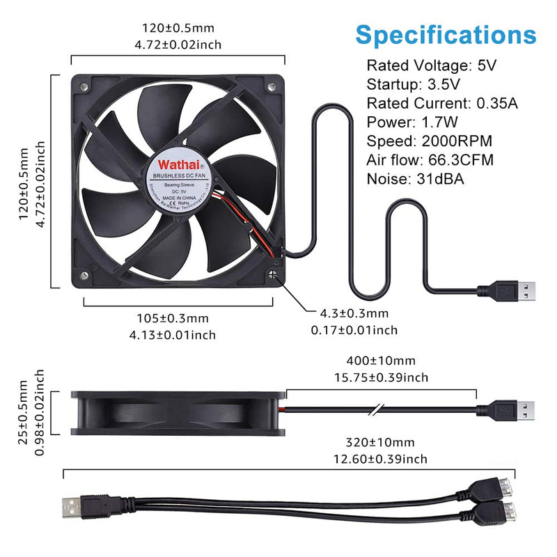 2 Packs Wathai 120mm x 25mm 120mm 5V USB Fan for Receiver AV cabint Game Console PC Laptop TV Box Projector Router Cooling