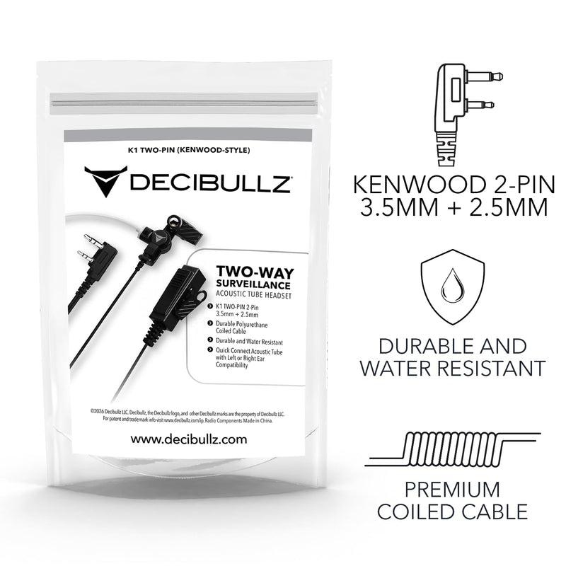 Decibullz 2-Way Surveillance Acoustic Tube Headset, K1 Earpiece Audio Set Compatible with Kenwood K-Plug & Baofeng, Inline PTT Mic, Clear Coil, K-Type 2-Pin (3.5mm & 2.5mm) Jack + Awareness