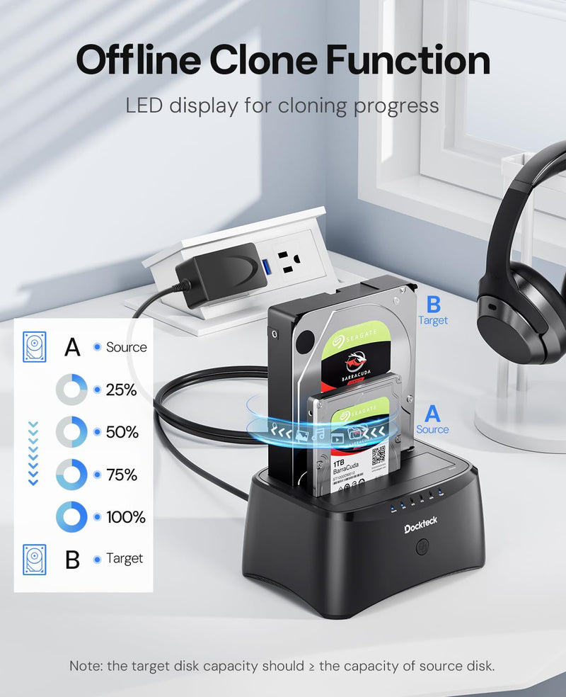 Hard Drive Docking Station, dockteck USB 3.0 to SATA Dual Bay External Hard Drive Enclosure for 3.5 or 2.5 inch SATA HDD SSD with Offline Clone 2 Bay Black