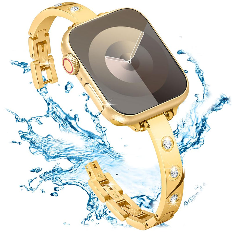 Stainless Steel Gold Band Compatible Apple Watch Starlight Bracelet Women Slim 42mm 44mm 45mm 49mm, Bling Diamond Gold Thin Metal Bangle for iphone Watch Series Ultra