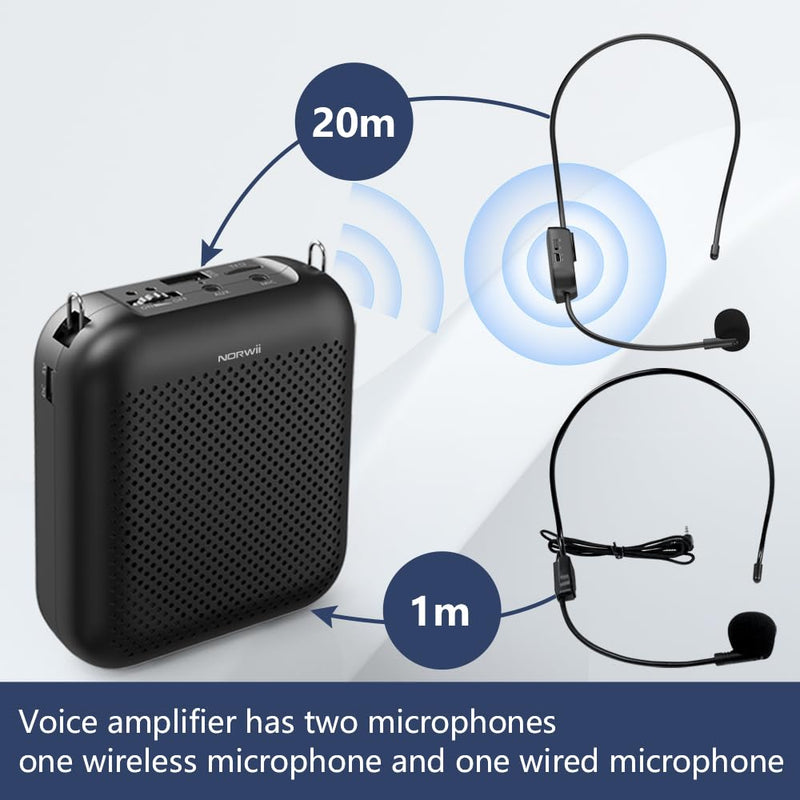 Norwii Wireless Voice Amplifier, 10W 4000mAh Portable Bluetooth Rechargeable PA System with 2 Microphones for Teachers, Meetings, Promotions and Outdoors, Black