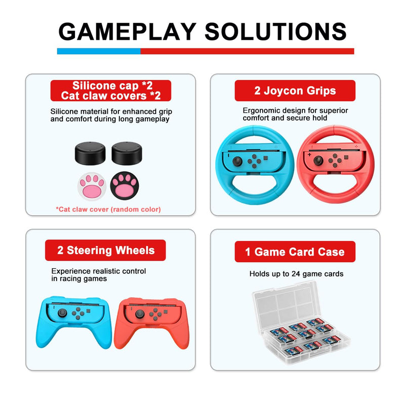 Accessories Bundle for Nintendo Switch 1/OLED, OUNFNOE 19-IN-1 Kits for Switch OLED Accessories, Carrying Case, Controller Charging Dock, Joy-Con Thumb Grips, Tempered Screen Protector, Steering Wheels for Mario Kart, Protective Console Cover