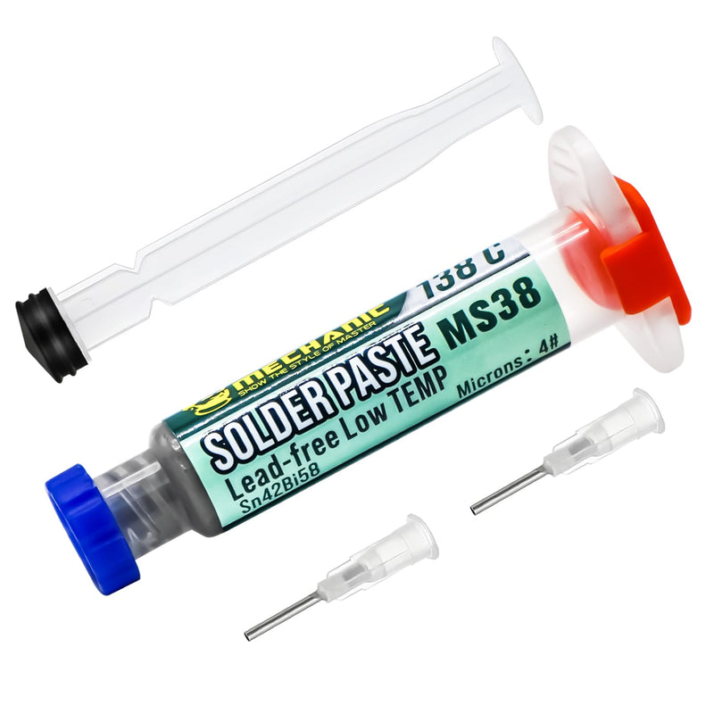 Syringe Soldering Paste, Sn42 Bi58 Soldering Paste SMD, Lead-Free Soldering Paste with 2 Dosing Tools and Push Rods, No Cleaning Required, Low Temperature 138°C, for BGA SMT Solder (20g)