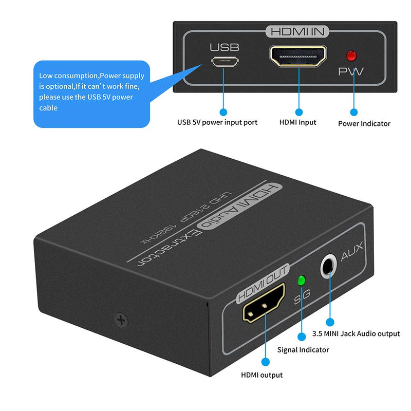 DONGJIAN HDMI Audio Extractor,4K HDMI to HDMI with Audio 3.5mm AUX Stereo and L/R RCA Audio Out,HDMI Audio Converter Adapter Splitter Support 4K 1080P 3D Compatable for PS3 Xbox Fire Stick.