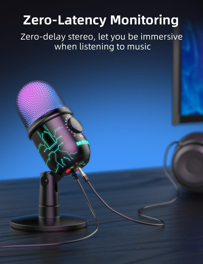 Gaming Microphone, USB Computer Microphone for PC, Mac, PS4/5, Condenser Podcast Mic for Studio Recording, YouTube, Streaming, with Headphone Jack, Led Light, Mute, Gain, Noise Cancellation V5-P