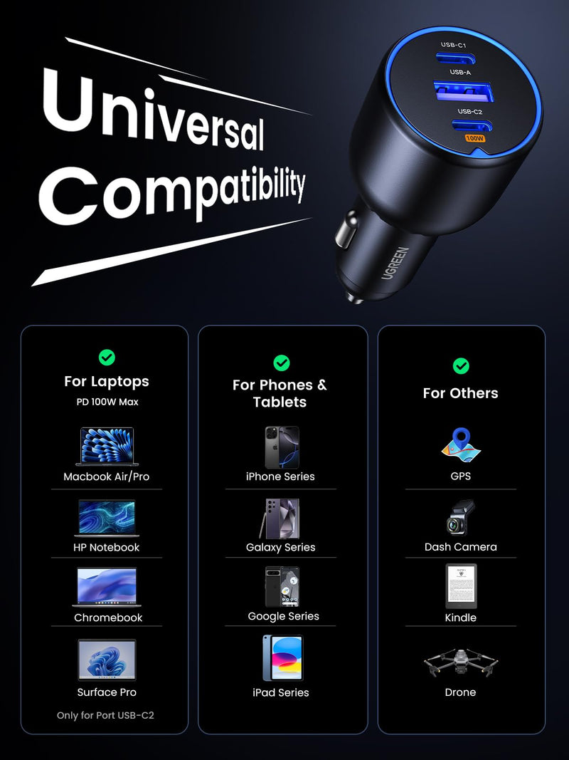UGREEN 130W USB C Car Charger with Cable, Type C Cigarette Lighter Adapter | 2 USB-C 1 USB-A, Compatible with iPhone 17 Air 17 Pro 17 Pro Max 16 15 14 13 12, Galaxy S25 S24 S23 Ultra, iPad, MacBook Normal
