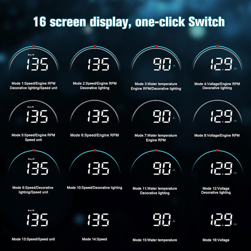 Windshield Head Up Display for Cars, OBD2 Head Up Display Digital Speedometer for Car HUD Projector Car Speedometer Display with RPM, Volt, Water Temp, Mileage, Overspeed Alarm, Fatigue Driving Alarm