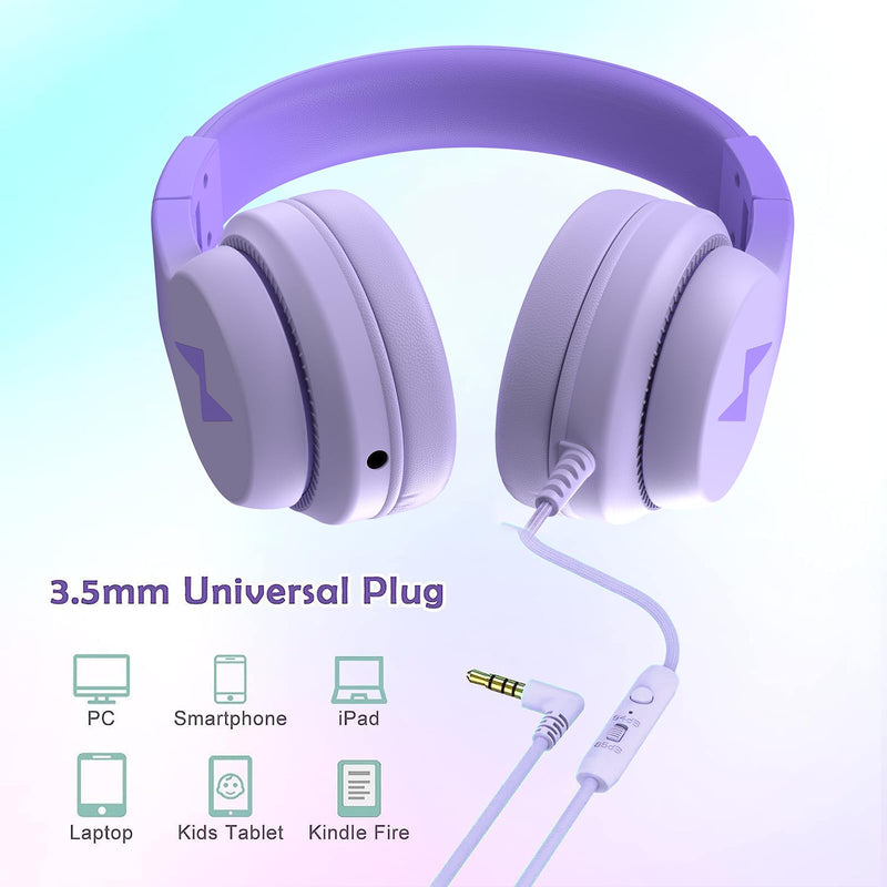 Kids Headphones, Wired Headphones for Kids with Microphone, 85/94dB Volume Limiter Headphones for Girls Boys with Sharing Jack, Foldable Headphones for Online Study, Gradient Deep Purple
