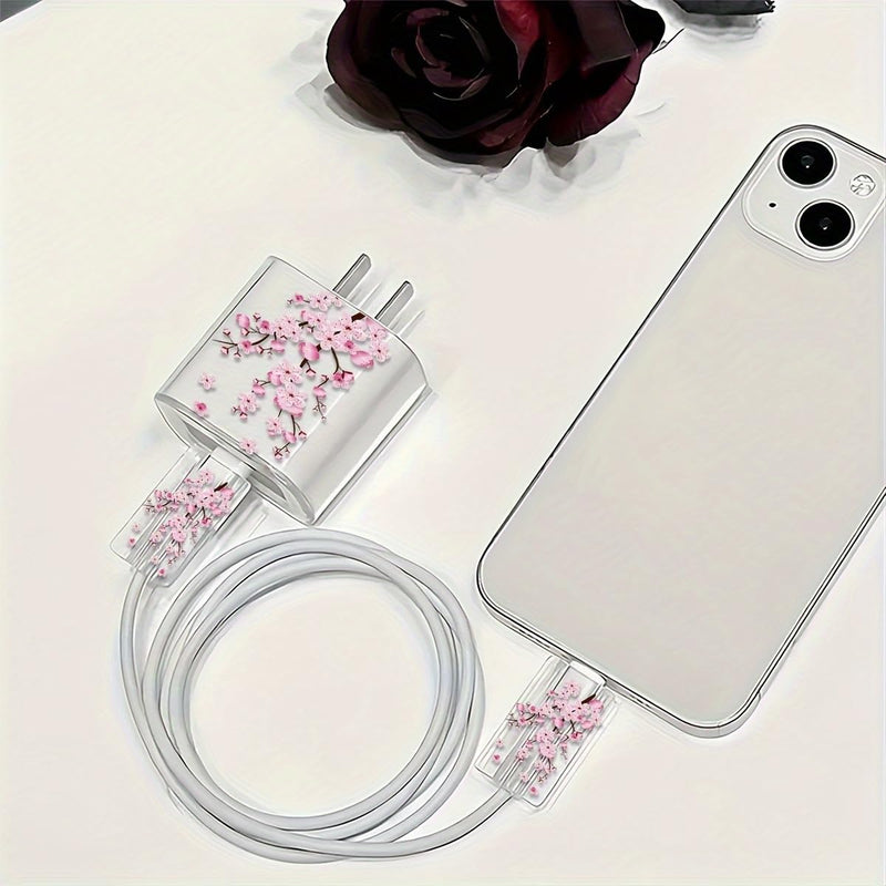3 Pack Charger Protector Set Pink Peach Blossom Pattern Transparent TPU Cable Case for iPhone 18W 20W Home Travel Office, Pink Peach Blossom 3pcs/1set