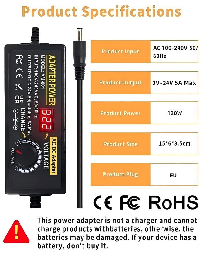 Adjustable Power Adapter 3-24V 5A 120W, Universal Power Supply 5A 120W Adjustable Power Supply Adapter, 100V-240V AC to DC 5A Power Supply with LED Voltage Display and 5.5 x 2.5 mm 14 Tips & Polarity